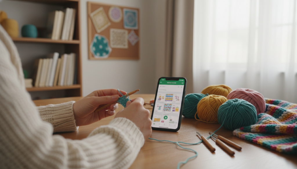 A cozy, inviting workspace featuring a smartphone displaying a crochet application interface, set on a wooden table surrounded by colorful yarn balls and crochet hooks. In the foreground, a close-up of a person's hands demonstrating basic crochet stitches, wearing casual attire. The background shows a softly lit room with wall-mounted crochet patterns and a shelf filled with crochet books. Warm, natural lighting creates a welcoming atmosphere, while a shallow depth of field emphasizes the crochet tools and app on the smartphone. The mood is creative and inspiring, showcasing the ease and joy of learning crochet through mobile applications.