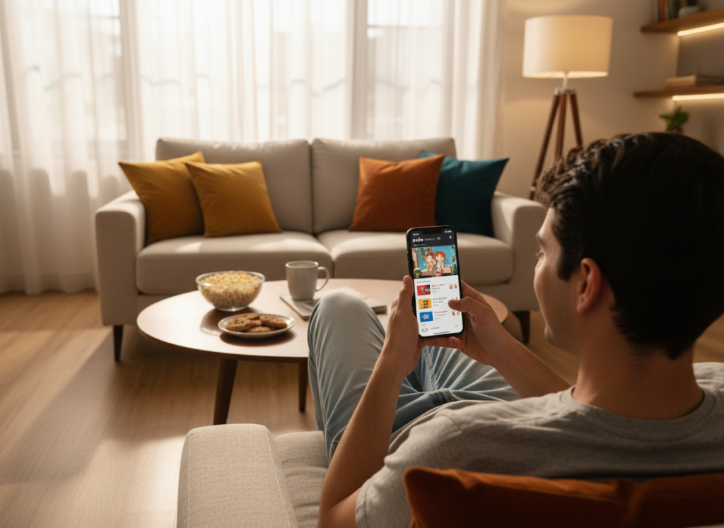 A cozy living room scene featuring a person casually watching Pluto TV on a smartphone. The foreground shows a well-dressed young adult, casually dressed in a t-shirt and jeans, deeply engaged in their mobile device, with a look of enjoyment on their face. In the middle, a stylish coffee table holds snacks and a cup of coffee, with a modern sofa in the background, adorned with vibrant throw pillows. The warm, inviting ambient lighting creates a relaxed atmosphere, suggesting afternoon leisure. The background features a soft-focus window with natural light streaming through, illuminating the space with a gentle glow. The overall mood is relaxed and informal, perfect for a service offering free live TV channels.