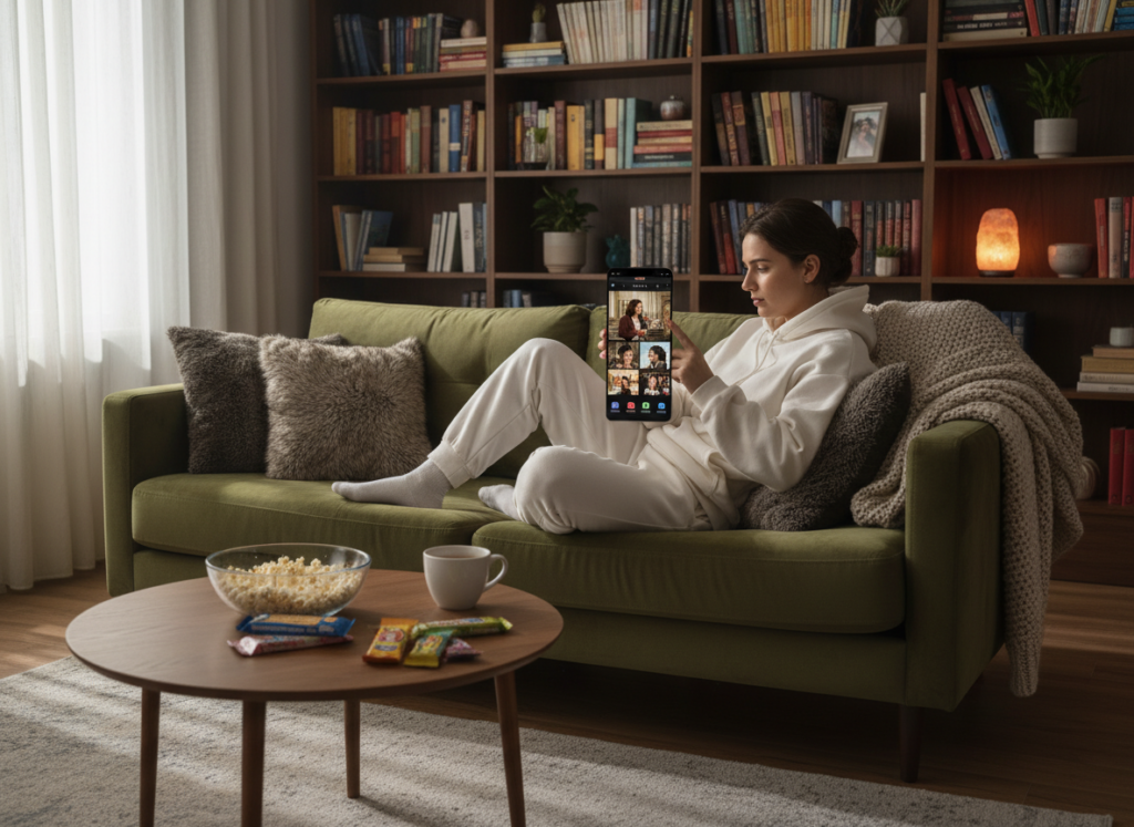 A cozy living room scene where a young adult, dressed in comfortable casual clothing, is sitting on a couch, intently watching short soap operas on a smartphone. The foreground features the smartphone screen displaying vibrant scenes from different soap operas, with recognizable app icons subtly shown. In the middle ground, there are scattered pillows and a small coffee table with snacks, creating a relaxed atmosphere. The background includes a warm-lit bookshelf filled with books and decorative items, enhancing the inviting vibe of the space. Soft, natural lighting filters in through a nearby window, casting gentle shadows and creating a feeling of comfort and ease, perfect for enjoying a quick show.