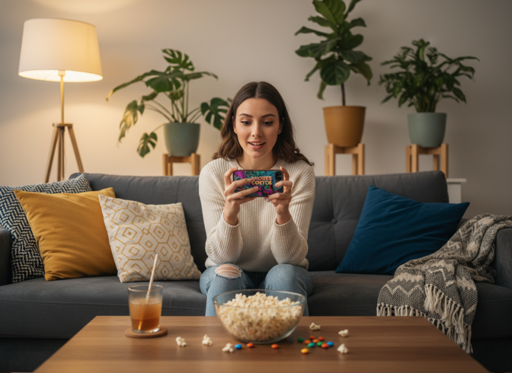 A cozy living room setting with a stylish young adult sitting on a comfortable sofa, engaged in watching short novelas on their smartphone. The foreground features the individual, dressed in casual yet neat attire, looking intrigued and delighted by the content. In the middle, a coffee table with snacks like popcorn and drinks, illustrating a relaxed viewing experience. The background displays soft, warm lighting from a nearby lamp, creating an inviting atmosphere, while plush cushions and decorative plants add a touch of homey charm. The scene should evoke a sense of modern leisure, highlighting the trend of enjoying short novelas on mobile devices, with a focus on the connection and excitement they bring.