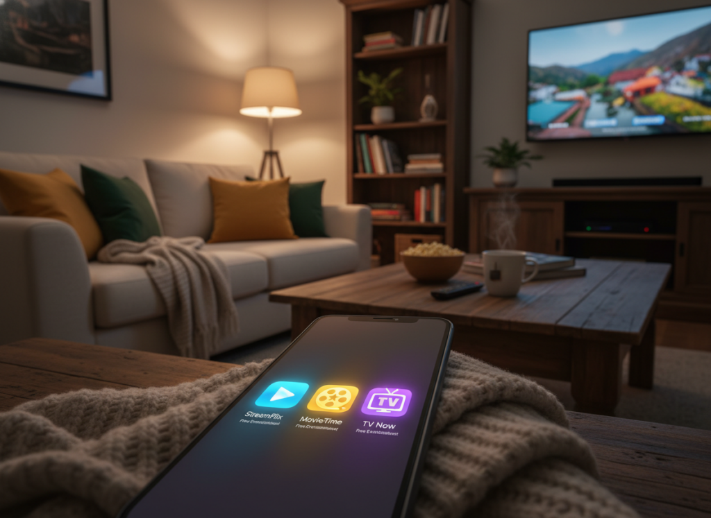 A creative and inviting image showcasing a smartphone displaying various streaming apps for watching TV. In the foreground, a close-up of the phone screen with vibrant app icons like a play button, film reel, and TV symbols, all illuminated with soft, warm lighting. In the middle ground, a cozy living room setting with a comfortable sofa, colorful cushions, and a small table with snacks, creating a relaxed viewing atmosphere. In the background, a TV and a bookshelf filled with books, emphasizing the idea of home entertainment. The angle should be slightly tilted to give a dynamic view of the phone and the room. The overall mood is casual and welcoming, suggesting ease and enjoyment in watching TV for free on mobile devices.