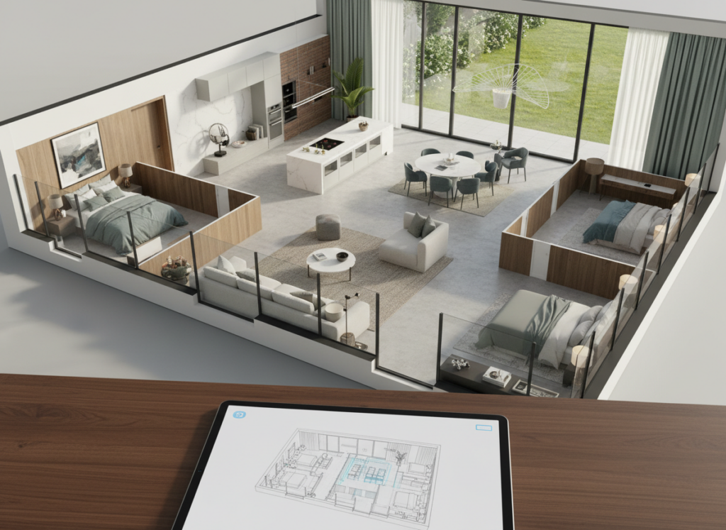 A detailed, vibrant 3D floor plan of a modern house, showcasing various rooms like a living room, kitchen, and bedrooms. The foreground features an interactive display element, such as a tablet or smartphone showing the 3D blueprint in action. In the middle ground, there are realistic representations of furniture and decor within each room, emphasizing spatial layout and functionality. The background should depict an open, airy space with large windows allowing natural light to flood the interior, creating a warm and inviting atmosphere. Use bright, soft lighting to enhance the details. The image should be viewed from a slightly elevated angle, providing a comprehensive view of the house layout, conveying a sense of innovation and creativity in home design.