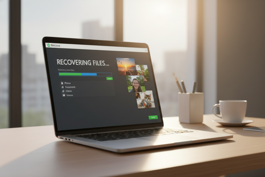 A digital workspace illustrating the Recuva app in action on a Windows PC screen. In the foreground, a laptop displays the Recuva interface, showcasing a user-friendly file recovery process, with green and blue accents reflecting the app's branding. The middle layer features partially recovered photo thumbnails, brightly colored images suggesting successful recovery. In the background, a tidy desk with a few office supplies and a soft-focus faded window creating natural light, casting a warm glow. The atmosphere feels hopeful and productive, capturing the essence of quickly retrieving lost files. The image is well-lit, with a slight depth of field effect that draws the viewer’s eye to the laptop screen, emphasizing the importance of data recovery.