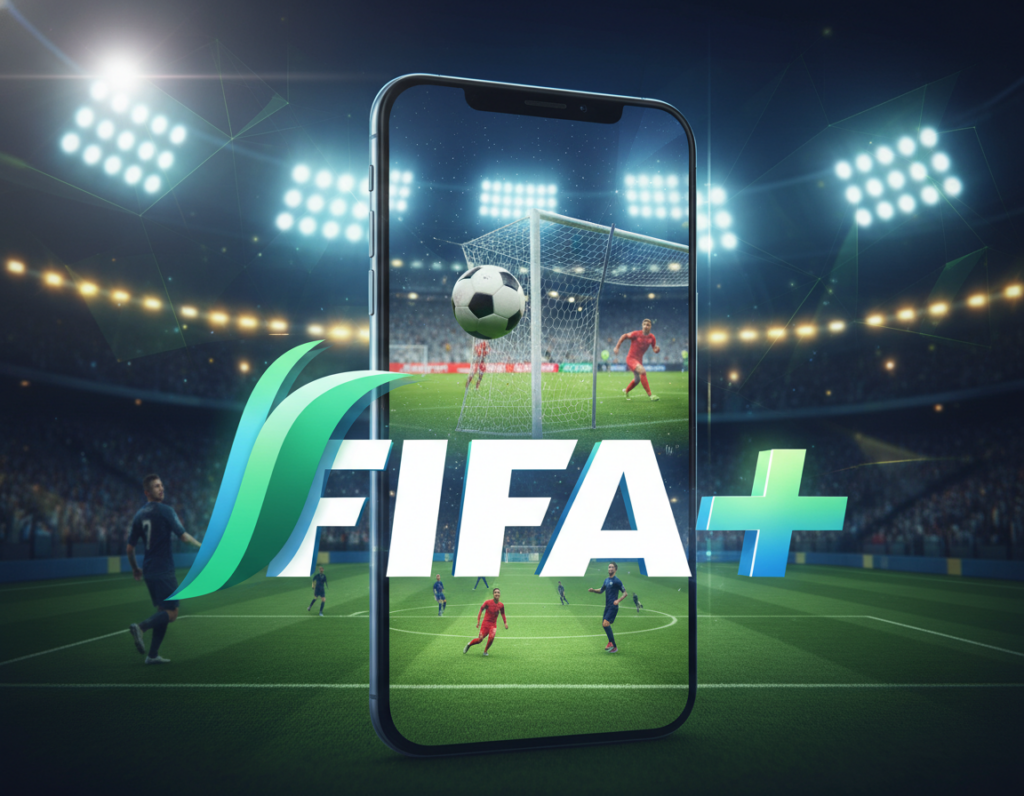 A dynamic digital illustration focused on the FIFA+ logo prominently displayed at the foreground, styled with a modern, sporty aesthetic. The logo is sleek and vibrant, featuring a combination of colors like green and blue, and set against a backdrop of a blurred smartphone screen showcasing live soccer matches. In the middle ground, subtle images of soccer gameplay highlight the action and excitement of watching live matches on mobile devices. The background is filled with abstract shapes representing soccer fields and stadium lights, creating a lively atmosphere. The lighting is bright and engaging with a slight lens flare effect to add energy. The overall mood conveys excitement and accessibility, representing the world of soccer streaming at your fingertips.