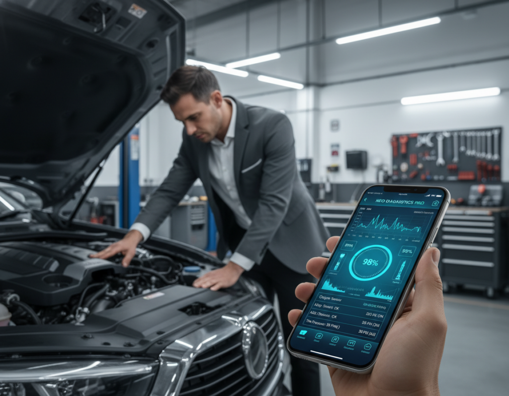 A futuristic automotive diagnostic app interface displayed on a modern smartphone, positioned prominently in the foreground. The screen showcases advanced features like real-time engine performance graphs, sensor readings, and vehicle health diagnostics. In the middle ground, a mechanic in professional business attire examines a car's engine, highlighting the app's utility in practical settings. The background features a well-lit garage with automotive tools and equipment, suggesting a professional environment. Soft, focused lighting enhances the details on the smartphone and mechanics, creating a tech-savvy, innovative atmosphere. The angle is slightly tilted to give depth, while a subtle blur effect emphasizes the app's interface, portraying a seamless integration of technology in automotive care.