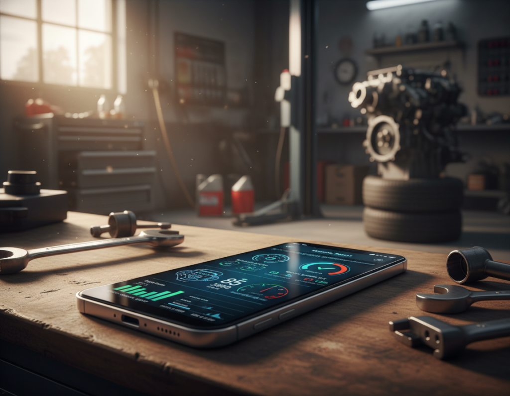 A high-resolution image showcasing a modern smartphone displaying automotive diagnostic apps on its screen, positioned prominently in the foreground. The smartphone should be sleek and contemporary, with vibrant app interfaces visible, highlighting a range of automotive functions like engine diagnostics, vehicle health reports, and real-time data analytics. The background features a blurred mechanic shop, filled with tools and car parts, creating an atmosphere of professionalism and expertise. Soft, warm lighting casts an inviting glow, emphasizing the technology while maintaining clarity. The angle should be slightly tilted from above, offering a dynamic view of both the phone and the environment, suggesting a blend of innovation and automotive care.