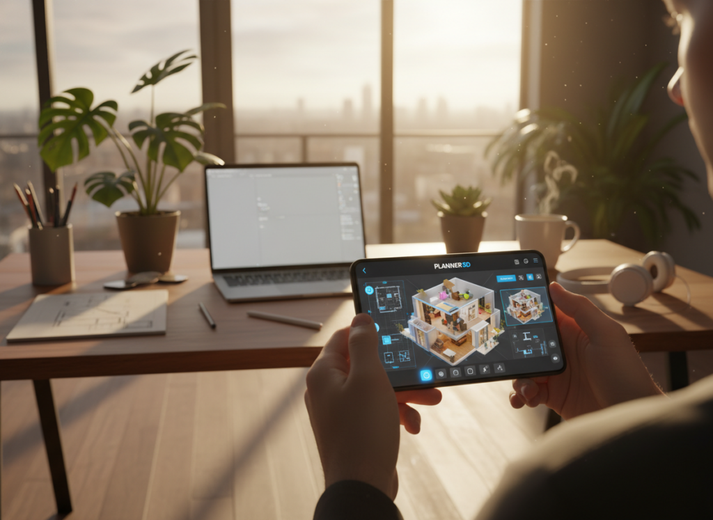 A modern, digital workspace illustrating a person using the Planner 5D app on a smartphone to design a 3D house plan. In the foreground, show the smartphone displaying a colorful, detailed 3D house layout, with bright blueprints and interactive elements visible on the screen. The middle ground features a clean desk with design tools, a laptop, and indoor plants, creating a cozy and creative atmosphere. The background includes a large window letting in natural light, illuminating the space and casting soft shadows. Use a warm color palette to evoke an inviting, productive mood. The scene is shot from a slightly elevated angle to capture both the smartphone screen and the busy workspace effectively. A modern, digital workspace illustrating a person using the Planner 5D app on a smartphone to design a 3D house plan. In the foreground, show the smartphone displaying a colorful, detailed 3D house layout, with bright blueprints and interactive elements visible on the screen. The middle ground features a clean desk with design tools, a laptop, and indoor plants, creating a cozy and creative atmosphere. The background includes a large window letting in natural light, illuminating the space and casting soft shadows. Use a warm color palette to evoke an inviting, productive mood. The scene is shot from a slightly elevated angle to capture both the smartphone screen and the busy workspace effectively.