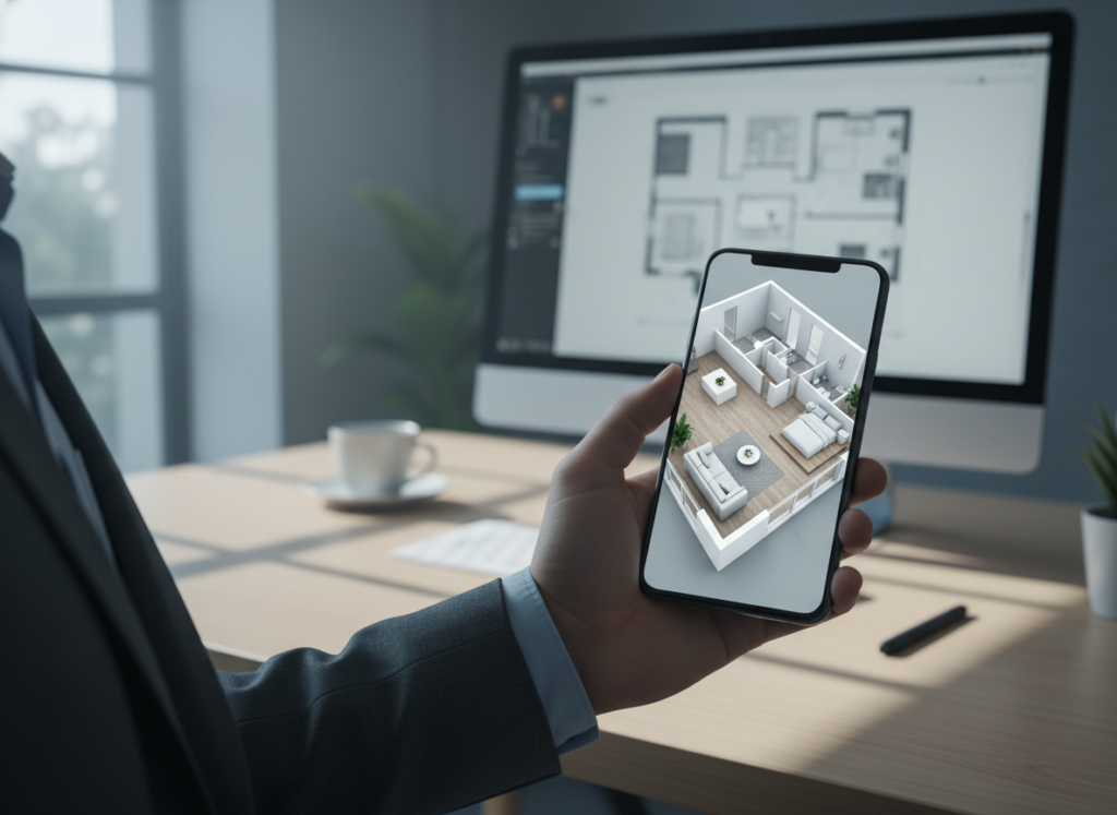 A modern, digital workspace showcasing a smartphone displaying a detailed 3D house floor plan. The foreground features a hand holding the phone, with sleek, professional attire, emphasizing user interaction with the app. In the middle, a realistic, vibrant 3D rendering of the house's layout, complete with rooms, furniture, and open spaces, all designed in a minimalist style. The background includes a softly lit, contemporary office environment, enhancing focus on the smartphone. Soft natural lighting filters through a window, casting gentle shadows and creating an inviting atmosphere. Use a slightly tilted angle to draw attention to the 3D model while maintaining clarity of the layout, illustrating the theme of accessible and innovative home design tools.