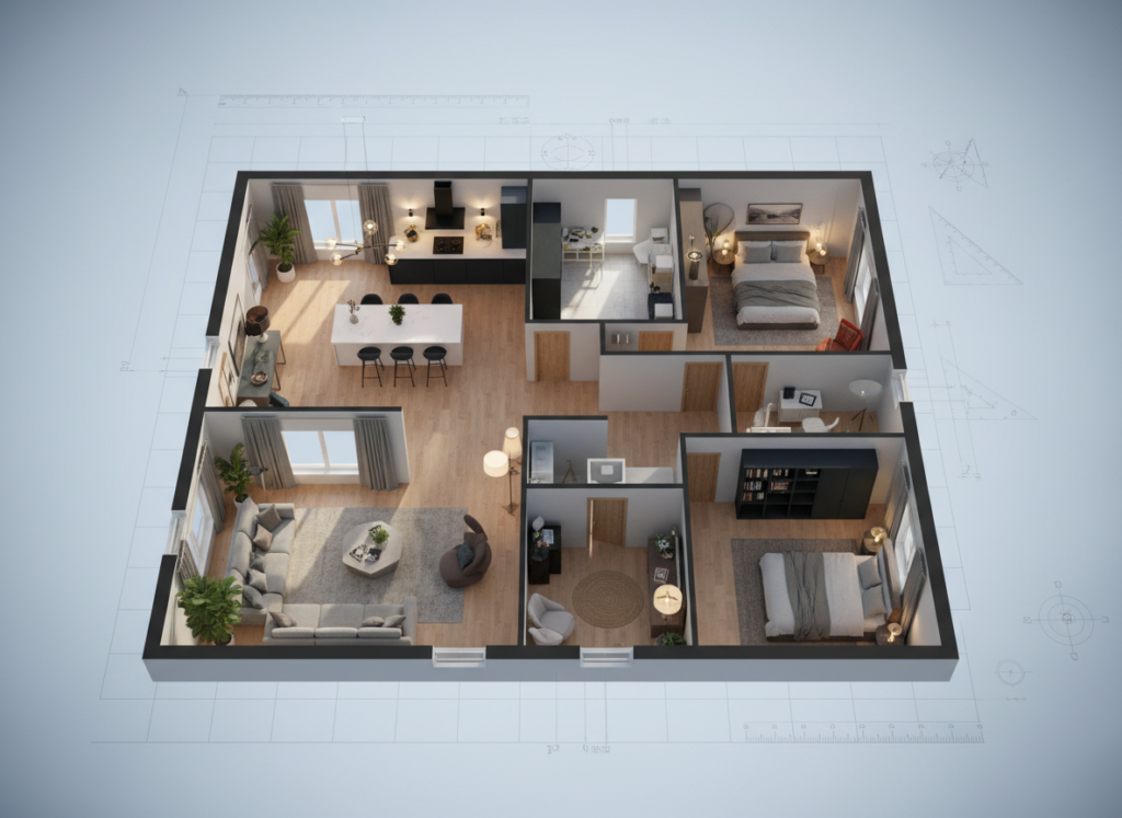 A modern, immersive 3D architectural floor plan of a stylish and cozy home, showcasing intricate room layouts, furniture arrangements, and functional spaces, all presented from a bird's-eye view. The foreground features detailed 3D renderings of various rooms, including a living room, kitchen, and bedroom, vibrantly decorated with contemporary furnishings. In the middle ground, soft lighting highlights different zones of the home, casting gentle shadows and creating a warm atmosphere. The background fades into a subtle gradient, reminiscent of a digital workspace, with faint outlines of measuring tools and design elements to emphasize the importance of 3D planning. The mood is inviting and professional, reflecting the creativity and utility of having a 3D home plan.