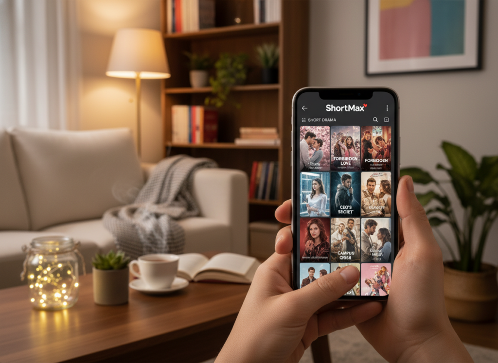 A modern mobile app interface showcasing "ShortMax," an easy-to-use platform for short dramas and romances, prominently displayed on a smartphone held in hands. The foreground features a close-up of the device's sleek design, with colorful app icons reflecting engaging images from the episodes, conveying themes of love and drama. In the middle ground, a cozy living room scene with soft, warm lighting creates an inviting atmosphere, featuring a plush couch and a coffee table with a cup of tea. The background reveals a lightly blurred bookshelf filled with novels and plants, adding a sense of comfort. The mood is relaxed and engaging, emphasizing the appeal of watching short episodes on the go, with a focus on simplicity and accessibility.