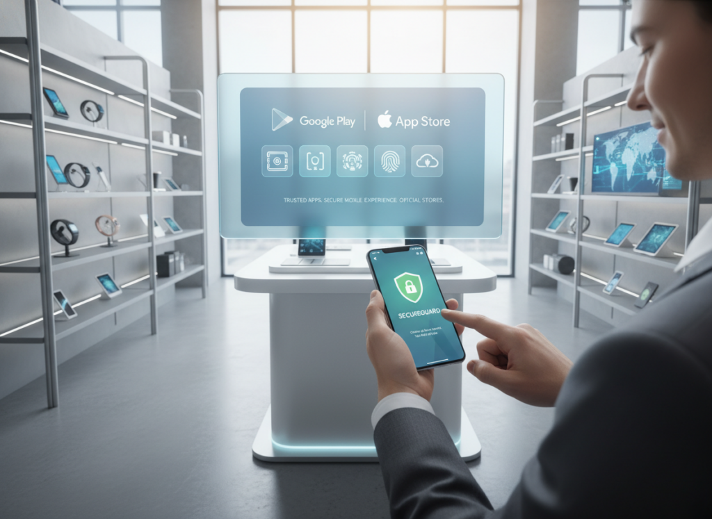 A modern retail environment showcasing app security in official app stores. In the foreground, a professional-looking person in business attire is using a smartphone, focusing on a well-designed app interface. The middle layer displays a sleek digital screen with logos of prominent app stores like Google Play and Apple App Store, subtly highlighting user-friendly app icons. In the background, shelves are filled with high-tech gadgets and devices symbolizing connectivity and safety. Bright, natural lighting enhances the clean and modern atmosphere, with a shallow depth of field to bring focus to the smartphone and app details. The mood conveys trust and professionalism, emphasizing the reliability of official app stores for a secure mobile experience. A modern retail environment showcasing app security in official app stores. In the foreground, a professional-looking person in business attire is using a smartphone, focusing on a well-designed app interface. The middle layer displays a sleek digital screen with logos of prominent app stores like Google Play and Apple App Store, subtly highlighting user-friendly app icons. In the background, shelves are filled with high-tech gadgets and devices symbolizing connectivity and safety. Bright, natural lighting enhances the clean and modern atmosphere, with a shallow depth of field to bring focus to the smartphone and app details. The mood conveys trust and professionalism, emphasizing the reliability of official app stores for a secure mobile experience.