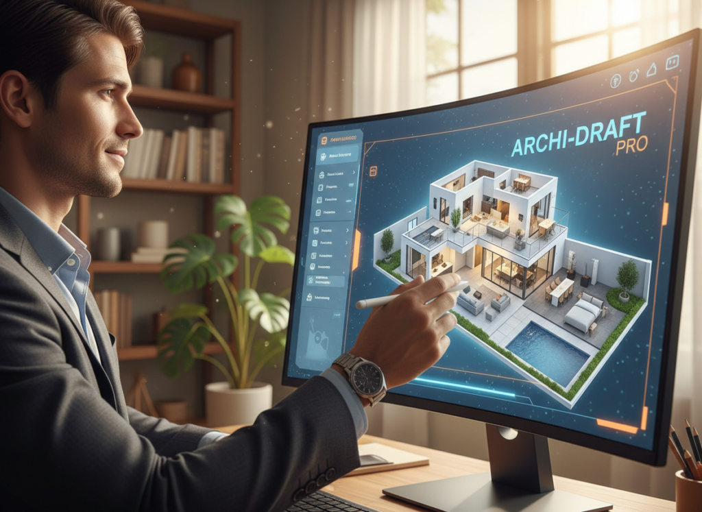 A modern, sleek 3D house design software interface displayed on a computer screen. In the foreground, showcase a user in professional attire engaging with the software, depicted from an angle that highlights both the user’s focused expression and the vibrant, interactive interface. The middle ground features a detailed rendering of a 3D house plan that emphasizes varied room layouts, furniture placements, and outdoor spaces. The background should suggest a cozy home office environment, filled with bright, natural light streaming through a window, creating an inviting atmosphere. Use a slight depth of field effect to keep the focus on the screen while softly blurring the background. The overall mood is inspirational, highlighting creativity and modern technology in home design. A modern, sleek 3D house design software interface displayed on a computer screen. In the foreground, showcase a user in professional attire engaging with the software, depicted from an angle that highlights both the user’s focused expression and the vibrant, interactive interface. The middle ground features a detailed rendering of a 3D house plan that emphasizes varied room layouts, furniture placements, and outdoor spaces. The background should suggest a cozy home office environment, filled with bright, natural light streaming through a window, creating an inviting atmosphere. Use a slight depth of field effect to keep the focus on the screen while softly blurring the background. The overall mood is inspirational, highlighting creativity and modern technology in home design.
