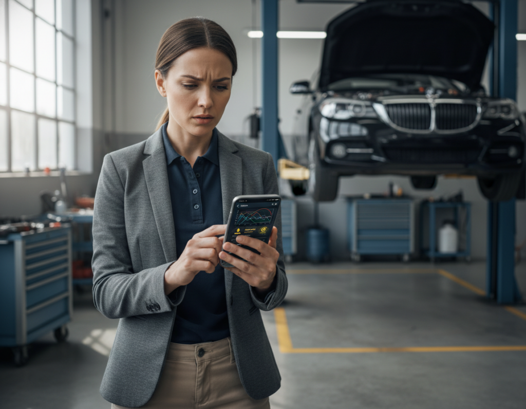 A modern smartphone displayed prominently in the foreground, with a high-resolution screen showing a car diagnostic app interface featuring colorful graphs and alerts. In the middle ground, a professional person dressed in smart casual attire is intently examining the phone, with a focused expression, suggesting a blend of curiosity and concern. The background features a well-lit automotive workshop, with tools and a car partially visible, creating a realistic environment. Soft, natural lighting casts gentle shadows, adding depth to the scene. The mood conveys empowerment and innovation, highlighting the advantages of using a mobile app for car diagnostics, emphasizing efficiency and modern technology in automotive care.