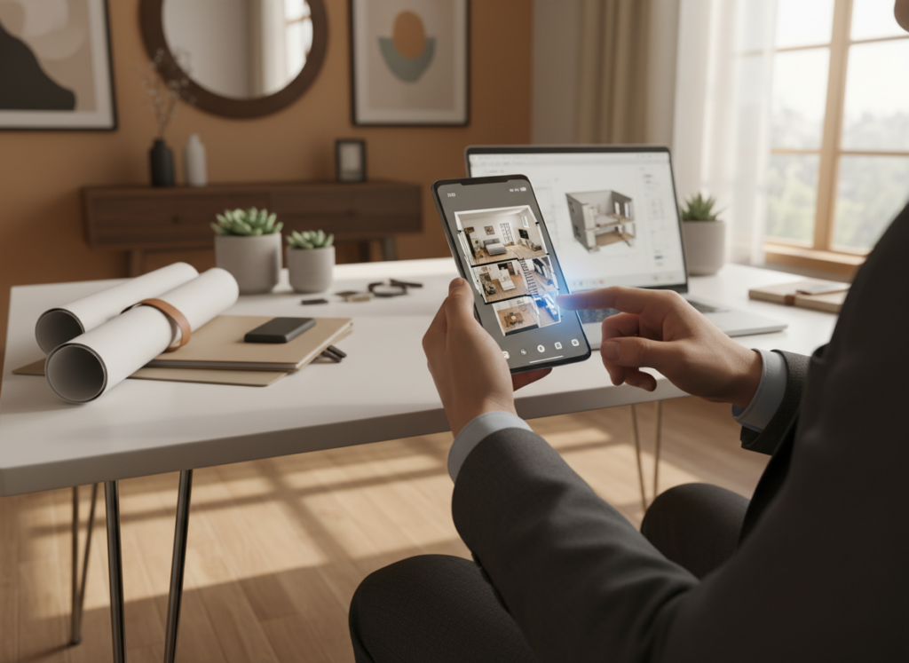 A modern smartphone displaying a vibrant 3D house design application in action, held by a user in professional attire, sitting at a sleek desk. In the foreground, the phone screen showcases a detailed 3D floor plan with rooms and furniture clearly visible, highlighted by a soft glow. The user’s hands gently manipulate the interface, suggesting interactivity. In the middle ground, an inviting workspace is filled with design sketches, plants, and a laptop showing architectural designs. The background features a well-lit room with warm tones, adorned with home decor, emphasizing a creative atmosphere. Soft natural light filters through a nearby window, casting gentle shadows. The mood is inspiring and focused, highlighting the innovative advantages of 3D home design on mobile devices.