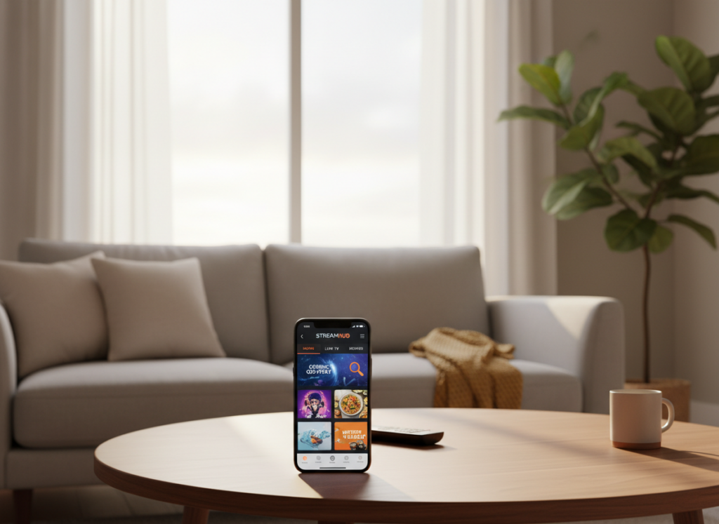 A modern smartphone displaying a vibrant interface of a TV streaming application, set against a bright and inviting living room scene. In the foreground, the smartphone sits on a chic coffee table, showcasing colorful thumbnails of various TV shows and channels. The middle layer features a comfortable sofa with soft cushions, symbolizing relaxation while watching TV. In the background, a large window lets in warm, natural light, enhancing the cozy atmosphere. The scene conveys a sense of ease and accessibility, inviting viewers to enjoy their favorite shows anywhere. Emphasize a clean, modern aesthetic with warm colors, and ensure the focus remains on the phone and its content, without any distracting elements.