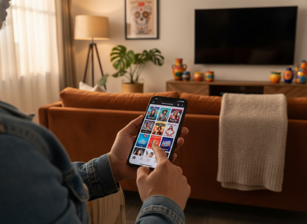 A modern smartphone displaying a vibrant interface of popular Mexican novela apps. In the foreground, the smartphone is held by a person in casual attire, their fingers elegantly swiping through the app options. The screen shows colorful thumbnails of various novela titles, each showcasing dramatic characters and captivating scenes. In the middle ground, a cozy living room is visible with a soft couch and warm lighting, creating an inviting atmosphere. The background is adorned with subtle decor hinting at Mexican culture, like posters or plants. Soft sunlight filters through a window, casting a gentle glow. The overall mood is relaxed and engaging, reflecting the enjoyment of watching Mexican telenovelas on a mobile device.