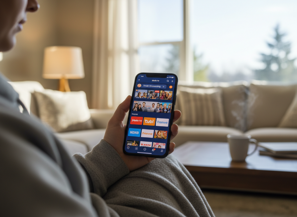 A modern smartphone displaying a vibrant streaming app interface showcasing various TV channel icons related to free mobile TV services. The phone is held in a person's hand, who is wearing casual, comfortable clothing, suggesting a relaxed viewing experience. In the foreground, the smartphone's screen is bright and eye-catching, with colorful logos and thumbnails of shows. In the middle ground, a cozy living room environment with soft, warm lighting creates an inviting atmosphere, with a couch and a coffee table. The background features a soft-focused view of a window with natural light streaming in, enhancing the feeling of accessibility and ease in watching TV on a mobile device. The overall mood is casual and informative, emphasizing simplicity and enjoyment.