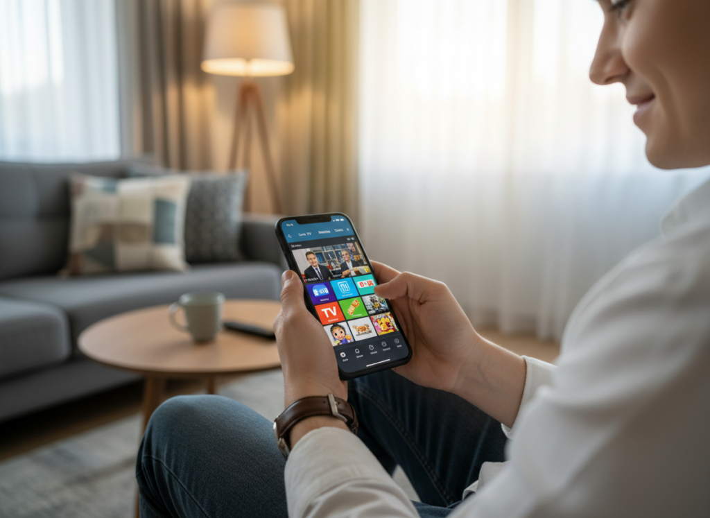 A modern smartphone displaying a vibrant streaming app interface with various TV channels visible on the screen. In the foreground, the phone is held by a person dressed in smart casual clothing, showcasing a relaxed yet engaged demeanor. The middle layer features a cozy living room setting with a soft sofa, stylish decor, and warm, inviting lighting that suggests a comfortable viewing environment. In the background, a subtle hint of a window with sunlight streaming creates a bright and cheerful atmosphere. The image has a slight depth of field effect to emphasize the phone and the app, while soft shadows enhance the scene's warmth and accessibility, conveying a mood of ease and entertainment.