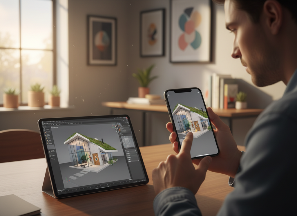 A modern smartphone displays a vibrant 3D house design, showcasing detailed architectural features like windows, doors, and a green rooftop. The phone, held in a person’s hand, is positioned in the foreground, capturing their focused expression as they interact with the design app. In the middle ground, a sleek tablet rests on a stylish workspace, an open 3D modeling program visible on its screen. The background features a softly lit, minimalist home office with stylish decor and plants, creating a creative and inviting atmosphere. Warm natural light filters in through a window, casting gentle shadows. The mood is inspiring and innovative, emphasizing the accessibility and ease of designing 3D house plans on a mobile device. A modern smartphone displays a vibrant 3D house design, showcasing detailed architectural features like windows, doors, and a green rooftop. The phone, held in a person’s hand, is positioned in the foreground, capturing their focused expression as they interact with the design app. In the middle ground, a sleek tablet rests on a stylish workspace, an open 3D modeling program visible on its screen. The background features a softly lit, minimalist home office with stylish decor and plants, creating a creative and inviting atmosphere. Warm natural light filters in through a window, casting gentle shadows. The mood is inspiring and innovative, emphasizing the accessibility and ease of designing 3D house plans on a mobile device.