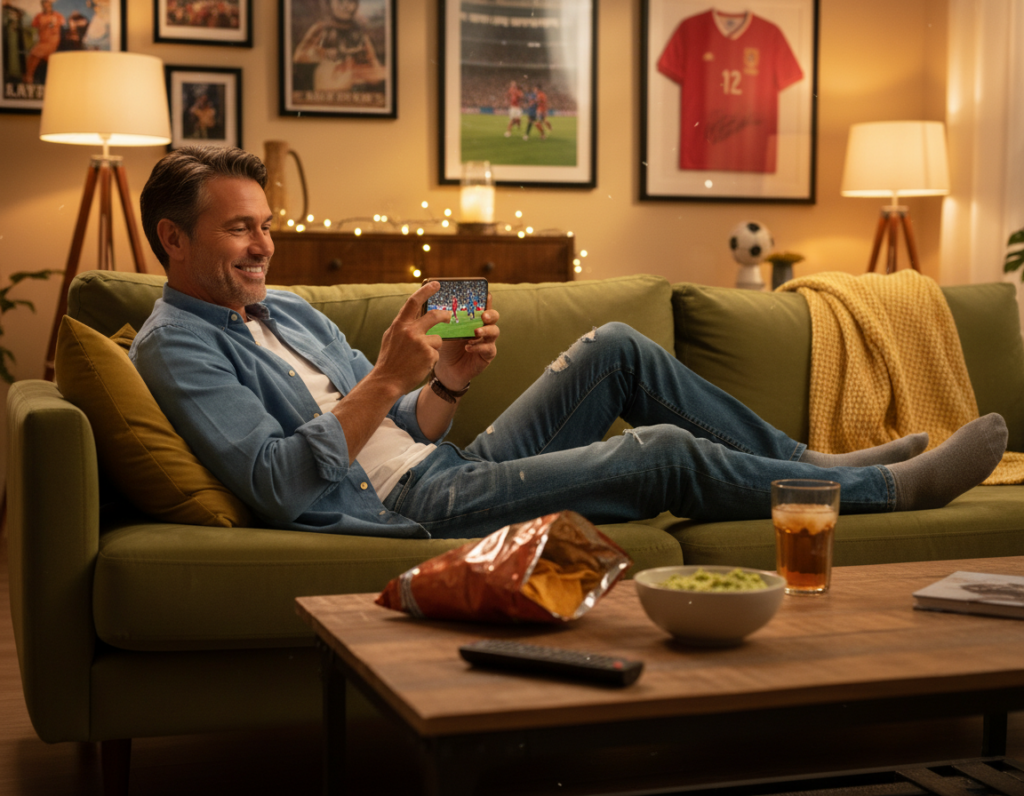 A person, comfortably seated on a couch in a cozy living room, is joyfully watching soccer on their smartphone. The foreground features the individual, a middle-aged person dressed in casual, modest clothing, intensely focused on the screen. The phone displays a vibrant soccer match with colorful jerseys and a cheering crowd. In the middle ground, a coffee table is adorned with snacks and drinks, emphasizing a relaxed viewing atmosphere. The background reveals soft-lit room decor, like framed sports memorabilia and a plush sofa, enhancing a homely vibe. The lighting is warm, creating a welcoming ambiance that evokes excitement and anticipation for the match. The overall mood is lively and cheerful, encapsulating the thrill of watching the World Cup for free on a mobile device.
