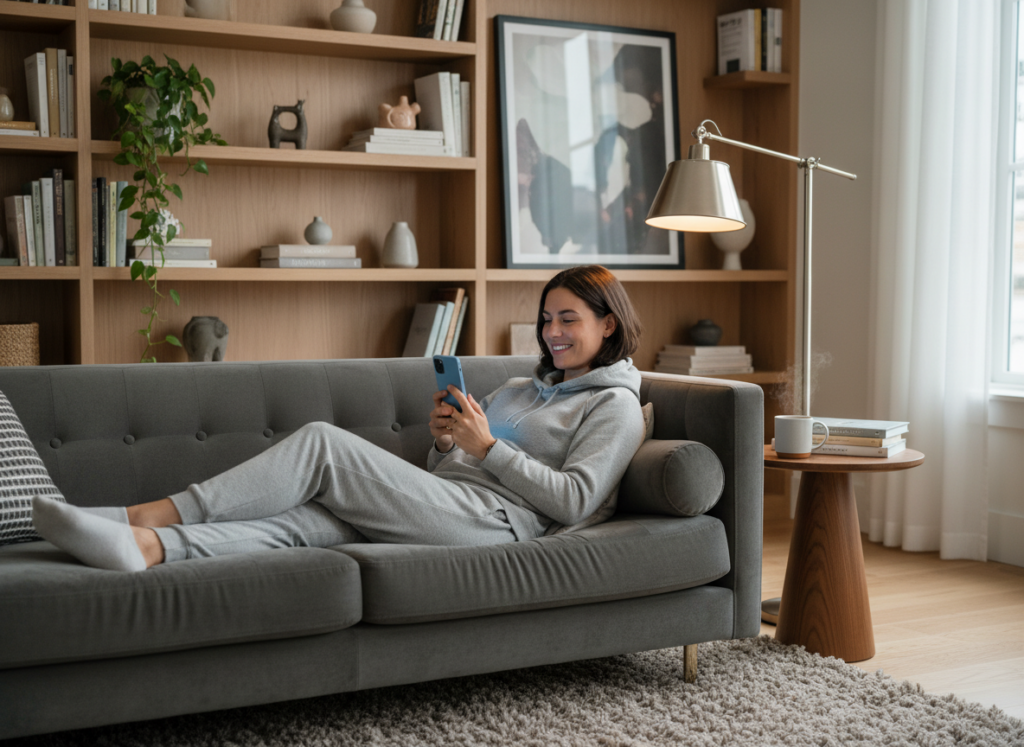 A person sitting comfortably on a modern couch, intently watching TV on their smartphone, with an expression of enjoyment and relaxation. The foreground features the individual dressed in casual attire, holding the phone with one hand while resting it on their lap. In the middle, there's a stylish living room with soft lighting, accentuated by a warm glow from a nearby lamp, creating an inviting atmosphere. The background shows a cozy decor with shelves of books and plants, hinting at a personal touch. The scene encapsulates a sense of modern living and the convenience of enjoying entertainment on-the-go. The image should be bright and vibrant, reflecting a casual and inviting mood.