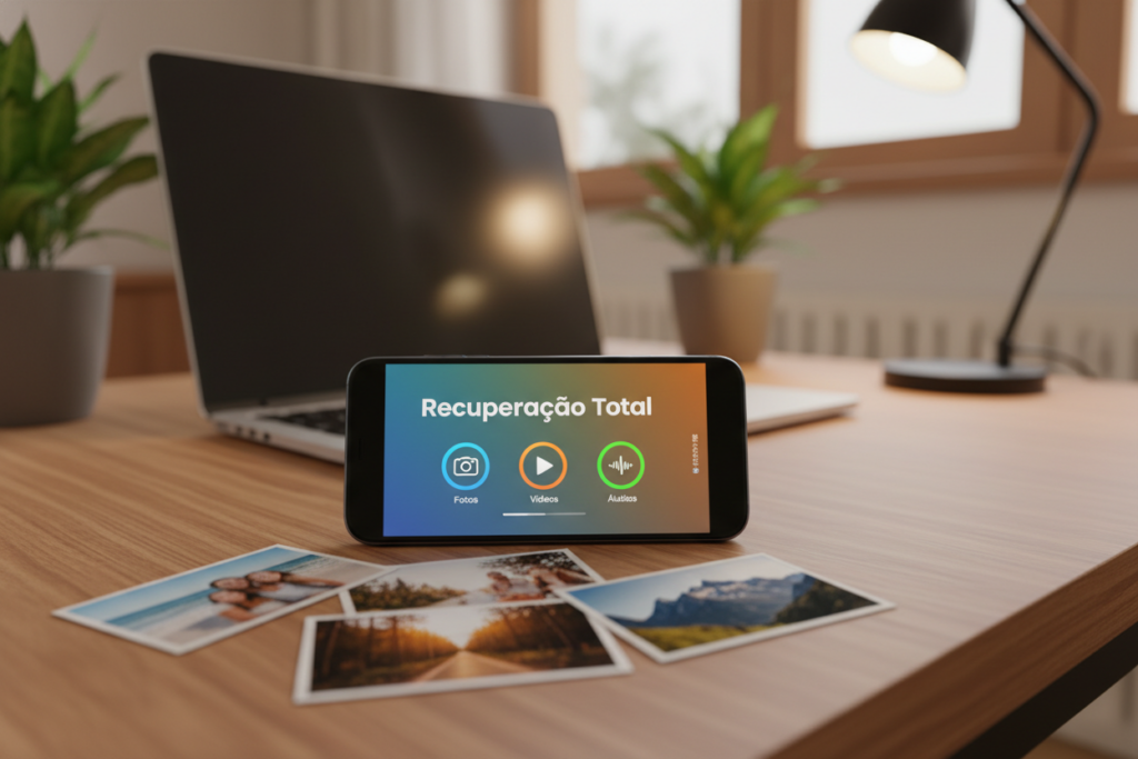 A sleek smartphone displaying the "Recuperação Total" app interface in vibrant colors, set on a modern wooden table. The phone's screen shows a user-friendly layout with icons representing photo, video, and audio recovery features. In the foreground, a few recovered photos are partially scattered, showcasing natural landscapes and happy moments, emphasizing the theme of photo recovery. The middle ground features a soft-focus laptop reflecting a cozy workspace atmosphere, with a subtle glow from a nearby desk lamp. The background includes blurred potted plants and a window with soft, natural light filtering through, creating a calm and inviting mood. The overall atmosphere is reassuring and tech-savvy, visually suggesting ease of use and efficiency.