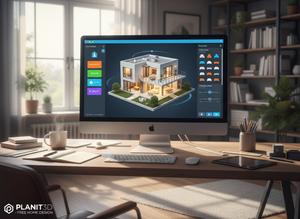 A sleek, user-friendly interface of a free 3D house planning software, featuring vibrant colors and intuitive design elements. In the foreground, a detailed computer screen displays an interactive 3D model of a modern house, showcasing various rooms like living spaces and bedrooms. The middle ground includes a stylish workspace with a computer on a desk, surrounded by design tools like rulers and notepads. The background features a well-lit home office environment with soft natural light coming in from a window, casting gentle shadows. The atmosphere is professional yet inviting, evoking creativity and inspiration for users. The image captures the advanced technology and accessibility of the software, ideal for DIY home planners. A sleek, user-friendly interface of a free 3D house planning software, featuring vibrant colors and intuitive design elements. In the foreground, a detailed computer screen displays an interactive 3D model of a modern house, showcasing various rooms like living spaces and bedrooms. The middle ground includes a stylish workspace with a computer on a desk, surrounded by design tools like rulers and notepads. The background features a well-lit home office environment with soft natural light coming in from a window, casting gentle shadows. The atmosphere is professional yet inviting, evoking creativity and inspiration for users. The image captures the advanced technology and accessibility of the software, ideal for DIY home planners.