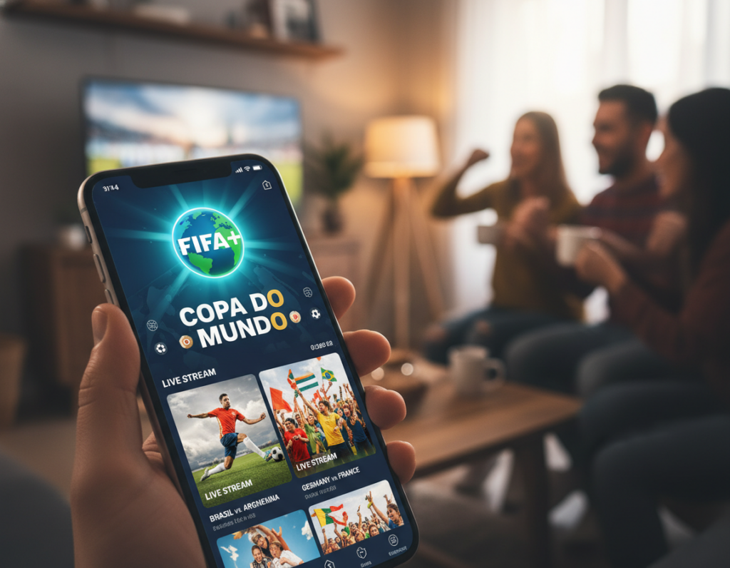 A smartphone displaying the FIFA+ app interface, shown in a close-up foreground, with vibrant colors highlighting the app’s logo and features. The screen should showcase streaming options for the Copa do Mundo with football graphics and images of excited fans in the background. Capture the scene in a bright, well-lit environment, emphasizing a lively, energetic atmosphere. A subtle blur in the background should suggest a casual setting, like a living room or café, where friends are watching a game together. Use a perspective that draws the viewer's eye to the phone while creating a sense of anticipation and enjoyment for the upcoming matches.