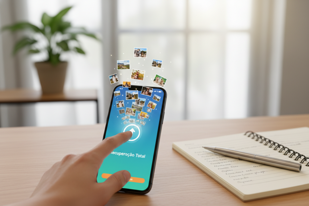 A smartphone displaying the "Recuperação Total" app interface in vivid colors, set against a clean, modern desk background with soft natural lighting. In the foreground, a hand is gently tapping on the screen, revealing images of recently deleted photos emerging from a blurred background, symbolizing recovery. The middle ground features an open notebook and a stylish pen, suggesting a professional yet inviting atmosphere. The background showcases a blurred indoor setting with a plant, adding warmth and an inviting feel. The entire scene is captured with a shallow depth of field to emphasize the smartphone, conveying a mood of hopefulness and recovery, perfect for visualizing the subject of deleted photo restoration. A smartphone displaying the "Recuperação Total" app interface in vivid colors, set against a clean, modern desk background with soft natural lighting. In the foreground, a hand is gently tapping on the screen, revealing images of recently deleted photos emerging from a blurred background, symbolizing recovery. The middle ground features an open notebook and a stylish pen, suggesting a professional yet inviting atmosphere. The background showcases a blurred indoor setting with a plant, adding warmth and an inviting feel. The entire scene is captured with a shallow depth of field to emphasize the smartphone, conveying a mood of hopefulness and recovery, perfect for visualizing the subject of deleted photo restoration.