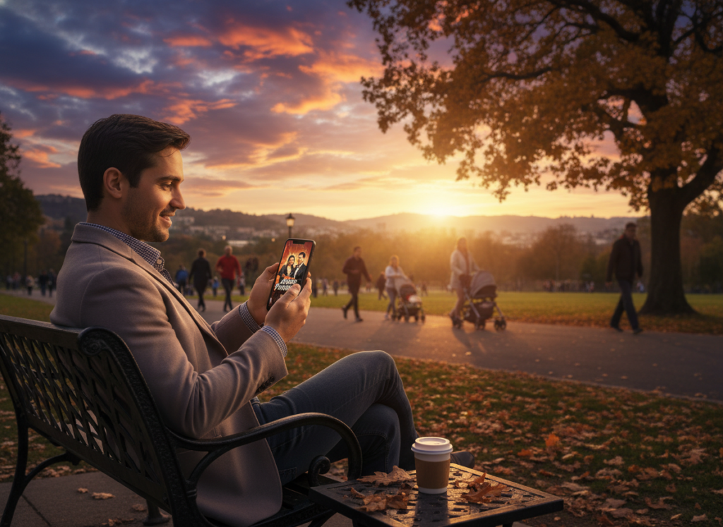 A vibrant and cozy scene depicting a person, dressed in casual yet professional attire, comfortably sitting on a park bench with a smartphone in hand, watching a popular Mexican telenovela. The foreground showcases the person's focused expression as they engage with the screen, while the middle ground features lush greenery and people strolling by, emphasizing the outdoor setting. In the background, a colorful sunset bathes the scene in warm, golden light, creating an inviting atmosphere. The image captures a sense of relaxation and enjoyment, reflecting the idea of experiencing telenovelas anywhere. The composition should evoke a sense of connection and convenience in today's mobile world. A vibrant and cozy scene depicting a person, dressed in casual yet professional attire, comfortably sitting on a park bench with a smartphone in hand, watching a popular Mexican telenovela. The foreground showcases the person's focused expression as they engage with the screen, while the middle ground features lush greenery and people strolling by, emphasizing the outdoor setting. In the background, a colorful sunset bathes the scene in warm, golden light, creating an inviting atmosphere. The image captures a sense of relaxation and enjoyment, reflecting the idea of experiencing telenovelas anywhere. The composition should evoke a sense of connection and convenience in today's mobile world.