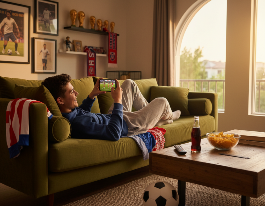 A vibrant and engaging scene showcasing a person comfortably watching a live soccer match on their smartphone in a cozy, well-lit living room setting. In the foreground, a young adult, dressed in casual yet neat clothing, sits on a plush sofa, eyes glued to the phone screen, clearly enjoying the match. Surrounding them are elements that create a lively atmosphere: snacks on a coffee table, a jersey draped over the sofa, and a colorful soccer ball nearby. In the middle ground, a large window allows warm, natural light to filter in, enhancing the sense of comfort and excitement. In the background, subtle hints of sports memorabilia and decorations evoke a sense of team spirit and anticipation. The overall mood is cheerful and relaxed, capturing the joy of watching the World Cup on a mobile device.