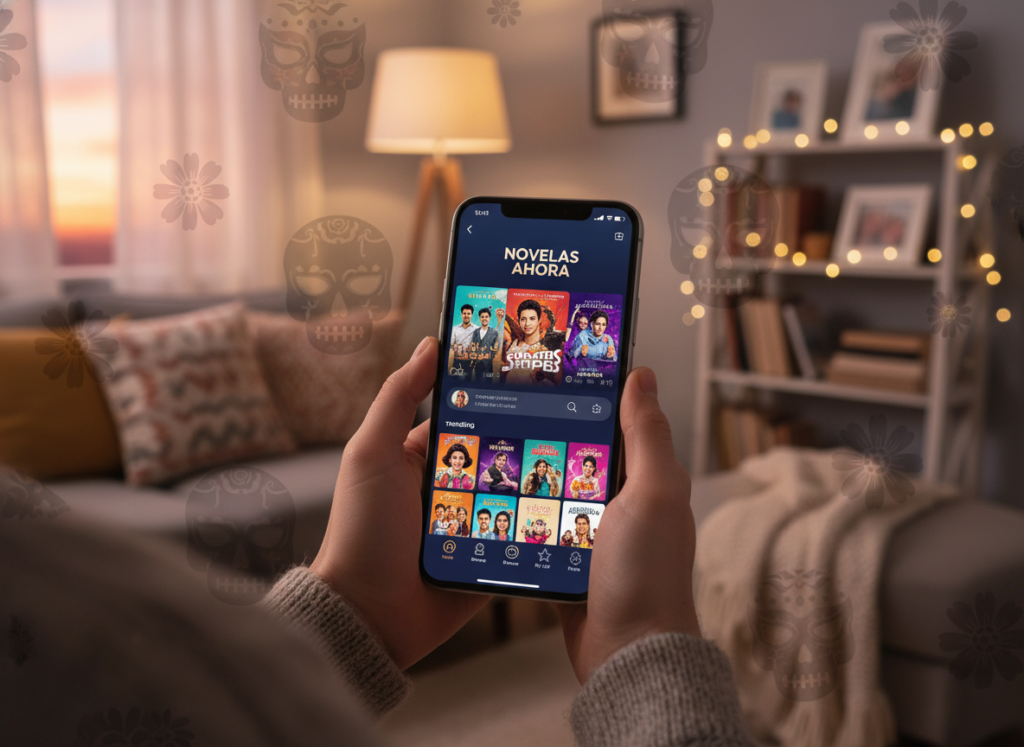 A vibrant and user-friendly interface for a fictional app showcasing Mexican telenovelas. In the foreground, display a sleek smartphone with the app open, featuring colorful thumbnails of popular novelas, attractive icons, and a navigation bar. The middle layer includes shadowy overlays of vibrant Mexican cultural elements like papel picado and marigolds to enhance the theme. In the background, include a soft-focus living room setting with warm lighting that suggests a cozy viewing atmosphere. The overall mood is inviting and nostalgic, evoking a sense of community among fans. Capture this scene with a shallow depth of field, using an over-the-shoulder angle that hints at a viewer's perspective. Ensure no text, logos, or branding elements are visible.
