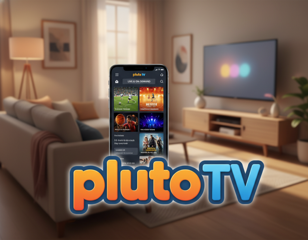 A vibrant digital illustration showcasing the Pluto TV logo prominently positioned in the foreground. Surrounding the logo, display a sleek smartphone in the middle layer, featuring the Pluto TV interface with vivid thumbnails of live sports and entertainment content. In the background, a soft-focus depiction of a cozy living room with a TV setup enhances the home-viewing atmosphere. Use warm, inviting lighting to create a sense of comfort and accessibility, emphasizing the idea of watching live events on mobile devices. The perspective should be slightly elevated, as if viewed from above, to capture both the phone and the ambiance effectively. The overall mood should be engaging and inviting, portraying Pluto TV as the go-to app for accessible entertainment.