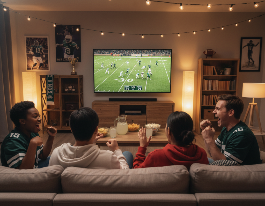 A vibrant living room scene where friends are gathered around a large television, intently watching a live football game. In the foreground, a group of four people, diverse in ethnicity, dressed in casual sporty attire, are cheering enthusiastically while sipping snacks and drinks. In the middle ground, the TV displays an exciting football match, with bright colors depicting players in action. The background shows a cozy room with football-themed decorations, including posters and a football on a shelf. The lighting is warm and inviting, creating a lively atmosphere, with soft shadows that enhance the excitement of the moment. The angle captures the energy of the group, focusing on their expressions of joy and anticipation. A vibrant living room scene where friends are gathered around a large television, intently watching a live football game. In the foreground, a group of four people, diverse in ethnicity, dressed in casual sporty attire, are cheering enthusiastically while sipping snacks and drinks. In the middle ground, the TV displays an exciting football match, with bright colors depicting players in action. The background shows a cozy room with football-themed decorations, including posters and a football on a shelf. The lighting is warm and inviting, creating a lively atmosphere, with soft shadows that enhance the excitement of the moment. The angle captures the energy of the group, focusing on their expressions of joy and anticipation.