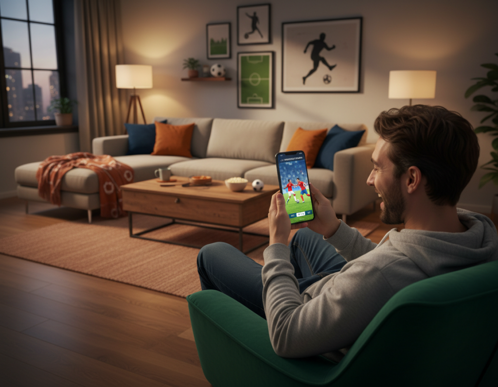 A vibrant living room setting, featuring a young adult casually watching a smartphone displaying a live football match. The foreground shows the individual, dressed in comfortable yet stylish casual clothing, with a look of excitement and focus on their face. In the middle, the smartphone screen glows brightly, showcasing vivid graphics of a football match, capturing the energy of players in action. The background displays a cozy, inviting atmosphere with soft lighting, a couch, and decor that hints at a football theme, such as a small ball on a shelf. The warm colors and dynamic composition create an atmosphere of enthusiasm and accessibility, illustrating the theme of enjoying the World Cup for free on mobile devices.