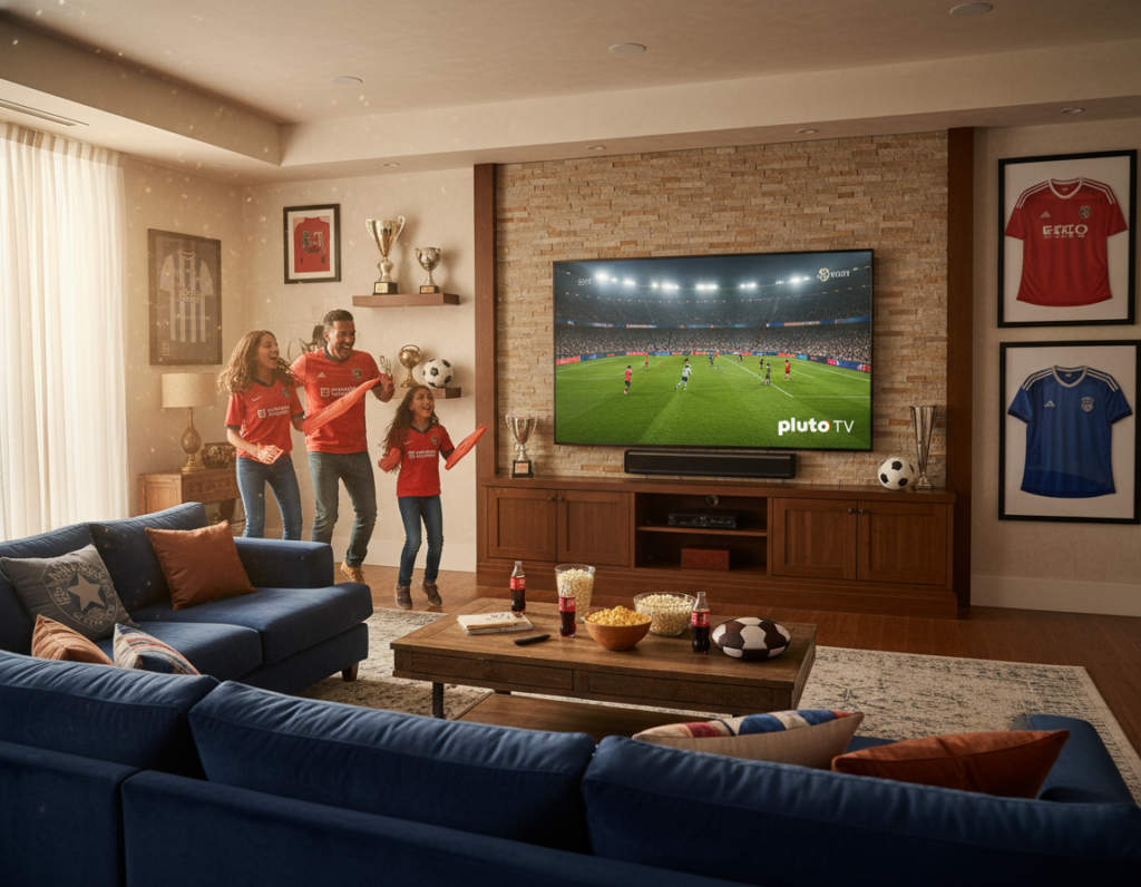 A vibrant living room setting with a large flat-screen TV displaying an exciting live football match, the screen highlighting the Pluto TV logo subtly in the corner. In the foreground, a family of four, dressed in casual clothing, are engaged and cheering enthusiastically as they watch the game. The middle ground features a cozy couch adorned with football-themed cushions and snacks on a coffee table, creating a warm atmosphere. The background presents a softly lit room, with sports memorabilia on the walls, evoking a sense of camaraderie and excitement for live sports. Natural light filters in through a window, casting a soft glow that enhances the lively mood of the scene. A vibrant living room setting with a large flat-screen TV displaying an exciting live football match, the screen highlighting the Pluto TV logo subtly in the corner. In the foreground, a family of four, dressed in casual clothing, are engaged and cheering enthusiastically as they watch the game. The middle ground features a cozy couch adorned with football-themed cushions and snacks on a coffee table, creating a warm atmosphere. The background presents a softly lit room, with sports memorabilia on the walls, evoking a sense of camaraderie and excitement for live sports. Natural light filters in through a window, casting a soft glow that enhances the lively mood of the scene.