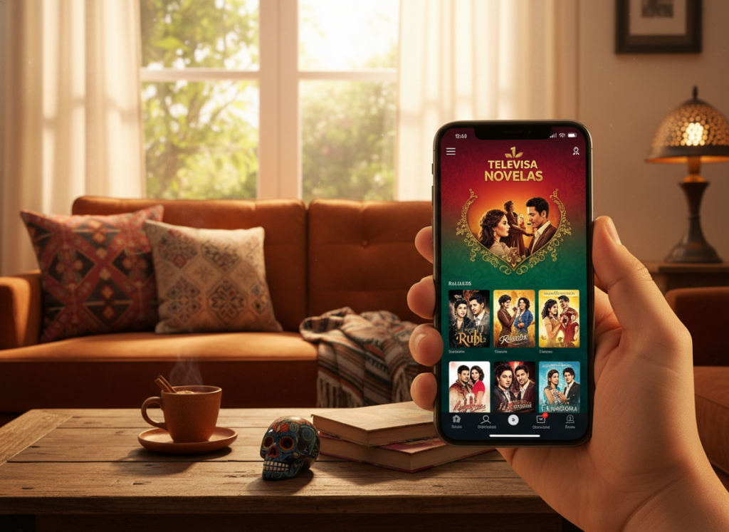 A vibrant mobile screen showcasing the "Televisa Novelas" app interface, reflecting the rich colors and iconic symbols associated with Mexican telenovelas. In the foreground, a hand holding the smartphone, elegantly displaying a selection of classic and contemporary novela titles with visually striking cover art. The middle ground features a cozy living room setting with warm, inviting lighting that conveys a relaxing atmosphere, complete with a plush sofa and decorative accents inspired by traditional Mexican culture. The background includes a soft-focus view of a window with light filtering through, creating a tranquil ambiance. The overall mood is one of excitement and nostalgia, inviting viewers to dive into the romantic stories that have captivated audiences for years. A vibrant mobile screen showcasing the "Televisa Novelas" app interface, reflecting the rich colors and iconic symbols associated with Mexican telenovelas. In the foreground, a hand holding the smartphone, elegantly displaying a selection of classic and contemporary novela titles with visually striking cover art. The middle ground features a cozy living room setting with warm, inviting lighting that conveys a relaxing atmosphere, complete with a plush sofa and decorative accents inspired by traditional Mexican culture. The background includes a soft-focus view of a window with light filtering through, creating a tranquil ambiance. The overall mood is one of excitement and nostalgia, inviting viewers to dive into the romantic stories that have captivated audiences for years.