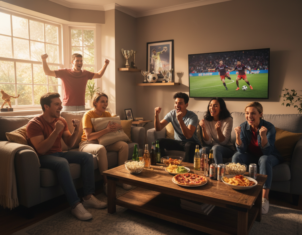 A vibrant scene depicting a group of diverse friends gathered in a cozy living room, enthusiastically watching a live football match on a large flat-screen TV. The foreground showcases a stylish coffee table with snacks and drinks, creating a welcoming ambiance. In the middle, the friends, dressed in casual attire, display excitement as they cheer and react to the game, their expressions filled with joy and anticipation. The background features a softly lit room with football-themed decorations, such as a poster of a famous player and a football on a shelf. Natural light filters through a window, casting a warm glow, enhancing the lively atmosphere of camaraderie and shared passion for the game. The image should capture the exhilaration and community spirit of watching sports together. A vibrant scene depicting a group of diverse friends gathered in a cozy living room, enthusiastically watching a live football match on a large flat-screen TV. The foreground showcases a stylish coffee table with snacks and drinks, creating a welcoming ambiance. In the middle, the friends, dressed in casual attire, display excitement as they cheer and react to the game, their expressions filled with joy and anticipation. The background features a softly lit room with football-themed decorations, such as a poster of a famous player and a football on a shelf. Natural light filters through a window, casting a warm glow, enhancing the lively atmosphere of camaraderie and shared passion for the game. The image should capture the exhilaration and community spirit of watching sports together.