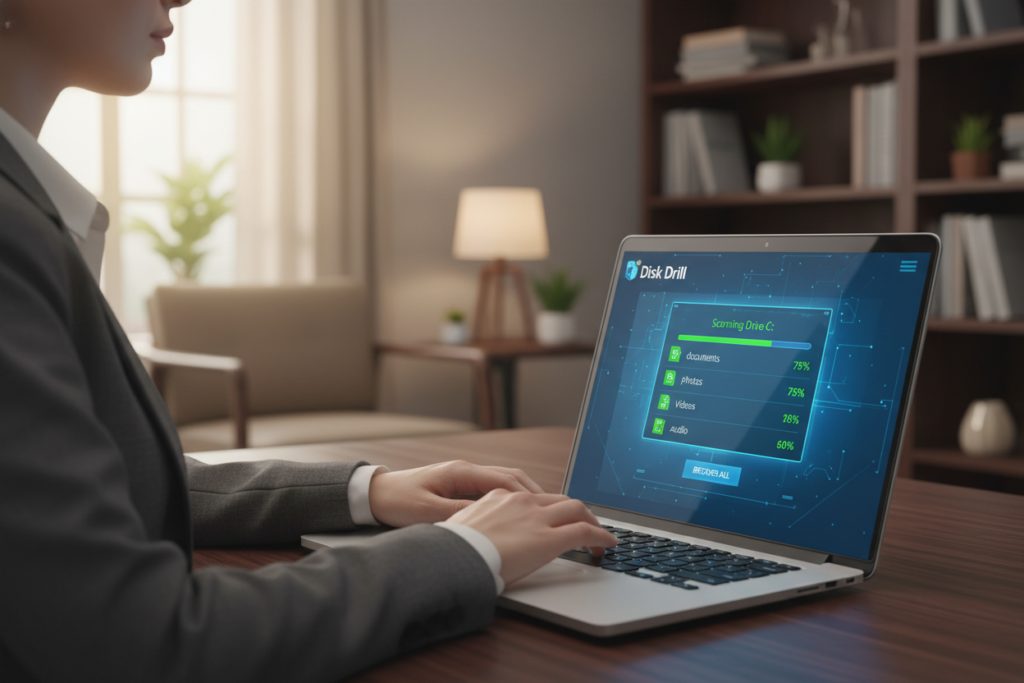 A visually engaging representation of the Disk Drill software interface on a Windows computer screen, showcasing its file recovery functionality. In the foreground, the software is displayed prominently with its user-friendly dashboard and file retrieval options; vibrant green and blue colors emphasize its efficiency and modern design. In the middle ground, a sleek laptop sits on a wooden desk with a person's hands focused on using the software, dressed in professional business attire, reflecting concentration and determination. The background features a blurred home office setting with soft, warm lighting to create an inviting atmosphere. The overall mood is one of hope and competence, illustrating the effective use of technology to recover lost files quickly and efficiently.
