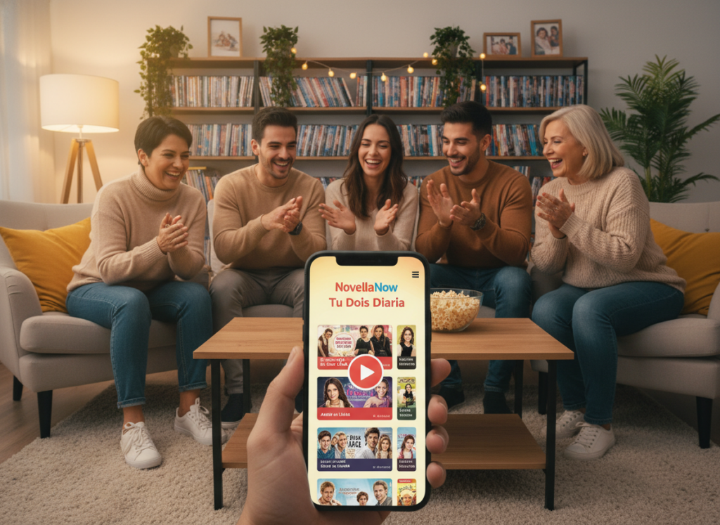 A visually engaging scene showcasing the advantages of streaming apps for short novelas on a mobile device. In the foreground, a smartphone displays an attractive interface of a streaming app, with vibrant thumbnails of short novelas. The middle ground features a cozy living room setting, with softly lit ambient lighting creating a warm, inviting atmosphere. A diverse group of people, dressed in casual but modest clothing, is comfortably gathered around the phone, engaged in watching together. The background includes a shelf filled with DVDs of popular novelas, along with decorative plants, enhancing the homey feel. The image should have a bright, cheerful vibe, promoting community and enjoyment of modern streaming technology.