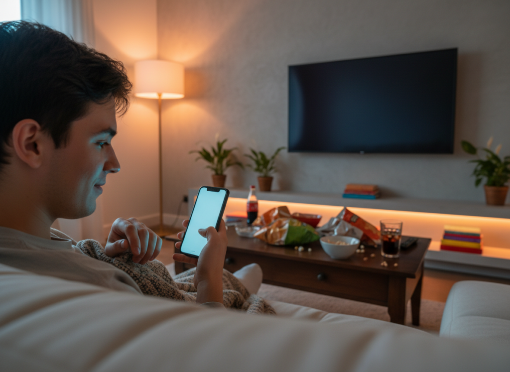 A young adult seated on a cozy couch in a well-lit living room, holding a smartphone in one hand while intently watching a TV show. The foreground features their focused expression, illuminated by the soft glow of the phone screen. In the middle, a stylish coffee table cluttered with snacks and a remote control enhances the scene of casual leisure. The background showcases a family-friendly living space with decorative plants and a large flat-screen TV mounted on the wall, turned off. Warm ambient lighting creates an inviting atmosphere, emphasizing the practicality and comfort of watching TV on a mobile device. The overall mood is relaxed and modern, reflecting the ease of streaming shows on the go.