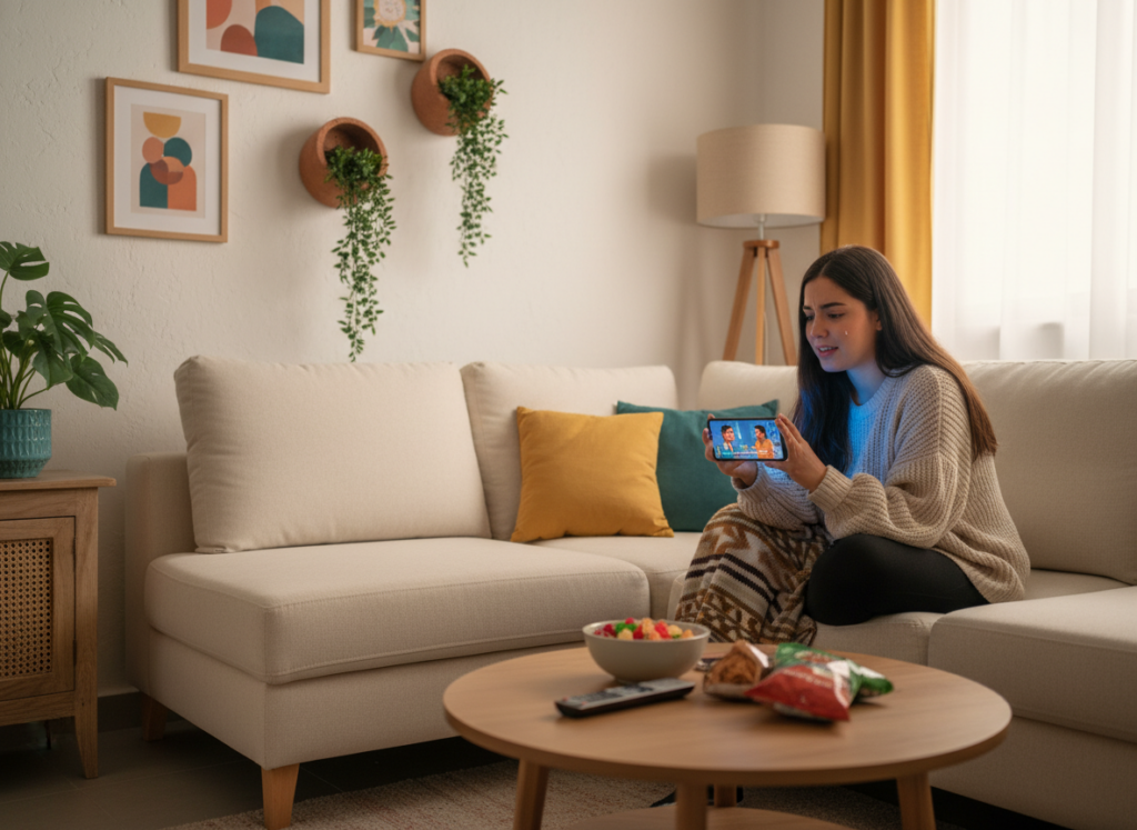 A young female adult sitting on a cozy sofa in a well-lit living room, holding a smartphone and passionately watching a Mexican telenovela. The foreground features her relaxed expression, with warm natural lighting illuminating her face and the phone screen. In the middle, there is a stylish coffee table with a few colorful snacks and a remote control. The background shows a wall adorned with cultural artwork and potted plants, creating a welcoming atmosphere. The room is modestly decorated, reflecting a modern yet comfortable vibe. The overall mood is relaxed and engaging, capturing the essence of enjoying telenovelas on a mobile device, with an inviting and warm color palette that enhances the cozy setting.