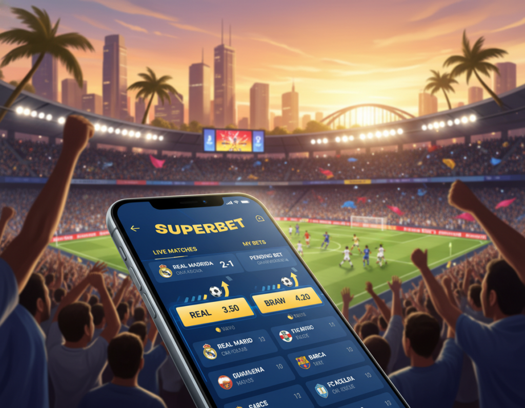 An illustration of the Superbet app interface displayed on a modern smartphone, positioned prominently in the foreground. The screen shows an engaging layout featuring live football match statistics, odds, and vibrant graphics related to football. In the middle ground, a blurred soccer stadium scene captures fans cheering, with a focus on bright green pitch and colorful team jerseys to convey excitement. The background showcases a dynamic city skyline under a clear blue sky at sunset, enhancing the vibrant atmosphere. The lighting is warm and inviting, emphasizing the app's user-friendly design. The mood is energetic and engaging, ideal for sports enthusiasts looking for a comprehensive betting experience. An illustration of the Superbet app interface displayed on a modern smartphone, positioned prominently in the foreground. The screen shows an engaging layout featuring live football match statistics, odds, and vibrant graphics related to football. In the middle ground, a blurred soccer stadium scene captures fans cheering, with a focus on bright green pitch and colorful team jerseys to convey excitement. The background showcases a dynamic city skyline under a clear blue sky at sunset, enhancing the vibrant atmosphere. The lighting is warm and inviting, emphasizing the app's user-friendly design. The mood is energetic and engaging, ideal for sports enthusiasts looking for a comprehensive betting experience.