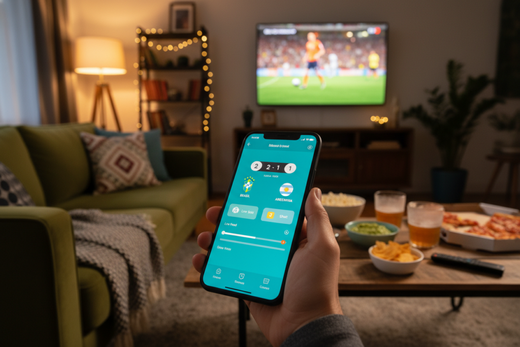 A captivating scene depicting a smartphone displaying a user-friendly app interface designed for watching live World Cup matches. In the foreground, a hand holds the phone at an angle that highlights the app's vibrant graphics, showcasing a live match scoreboard and team logos. In the middle ground, a cozy living room setting features a comfortable couch, with snacks and drinks on a table nearby, suggesting a viewing party atmosphere. The background is softly blurred, featuring a glowing television showing highlights of a match in progress. Warm lighting creates an inviting ambiance, filling the space with a sense of excitement and camaraderie. The overall mood is lively and inviting, perfect for sports enthusiasts gathering to enjoy the World Cup together. A captivating scene depicting a smartphone displaying a user-friendly app interface designed for watching live World Cup matches. In the foreground, a hand holds the phone at an angle that highlights the app's vibrant graphics, showcasing a live match scoreboard and team logos. In the middle ground, a cozy living room setting features a comfortable couch, with snacks and drinks on a table nearby, suggesting a viewing party atmosphere. The background is softly blurred, featuring a glowing television showing highlights of a match in progress. Warm lighting creates an inviting ambiance, filling the space with a sense of excitement and camaraderie. The overall mood is lively and inviting, perfect for sports enthusiasts gathering to enjoy the World Cup together.