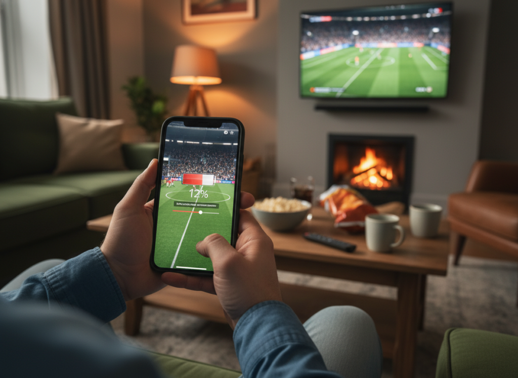 A close-up view of a smartphone displaying a live sports broadcast, held by a person dressed in casual but professional clothing, in a cozy living room setting. The foreground features a hand adjusting the phone's brightness and a battery icon visibly depleting, symbolizing battery awareness. In the middle, a coffee table cluttered with snacks and drinks, highlighting a vibrant, communal viewing experience. The background captures a softly lit room with a wall-mounted TV showing the same game, enhancing the atmosphere of excitement. Warm, ambient lighting creates a relaxed mood, while an inviting color palette of greens, oranges, and browns emphasizes comfort and social engagement. Focus on detail to showcase data usage awareness and battery preservation tips.