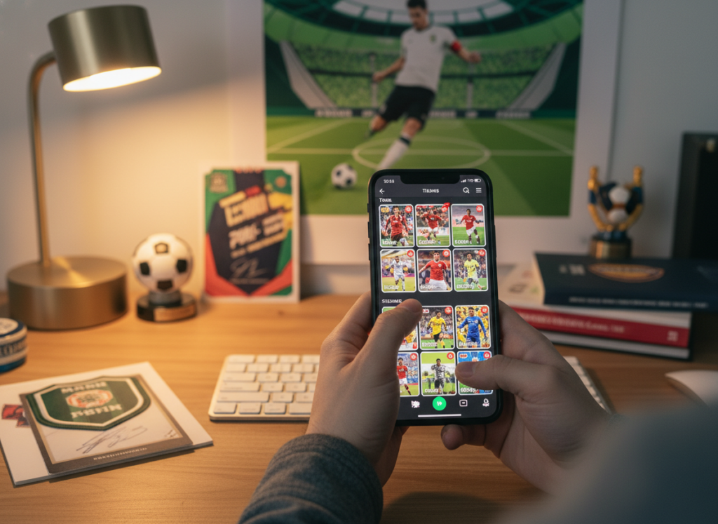 A close-up view of a smartphone displaying the FIFA Panini Collection app interface, prominently featuring colorful virtual stickers and vibrant album sections. The foreground includes a pair of hands gently navigating the app, showcasing a clear focus on the digital interactions. In the middle ground, a cozy workspace is visible, with a subtle backdrop of sports memorabilia and a dimly lit desk lamp casting a warm glow, creating an inviting and focused atmosphere. The background contains a blurred but recognizable soccer-themed poster, enhancing the context. The lighting is soft and inviting, emphasizing the excitement of digital collection and organization. Capture this scene from a slightly elevated angle to add depth and interest, ensuring no text or logos are present.