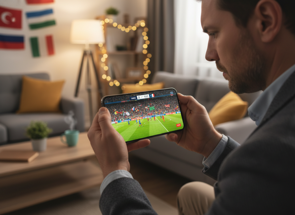 A close-up view of a smartphone in a professional’s hands, displaying a vibrant live soccer match transmission. The user, dressed in smart casual attire, is intently focused on the screen, enjoying the immersive experience. In the foreground, the bright and colorful graphics of the game illuminate the face of the phone. The middle ground features cheering fans in a stadium setting, with banners and flags waving, creating a lively atmosphere. In the background, a soft focus of a cozy living room with ambient lighting enhances the relaxed mood. The scene is captured from a slight angle, giving depth and dynamism to the composition, with warm lighting to evoke excitement and engagement.