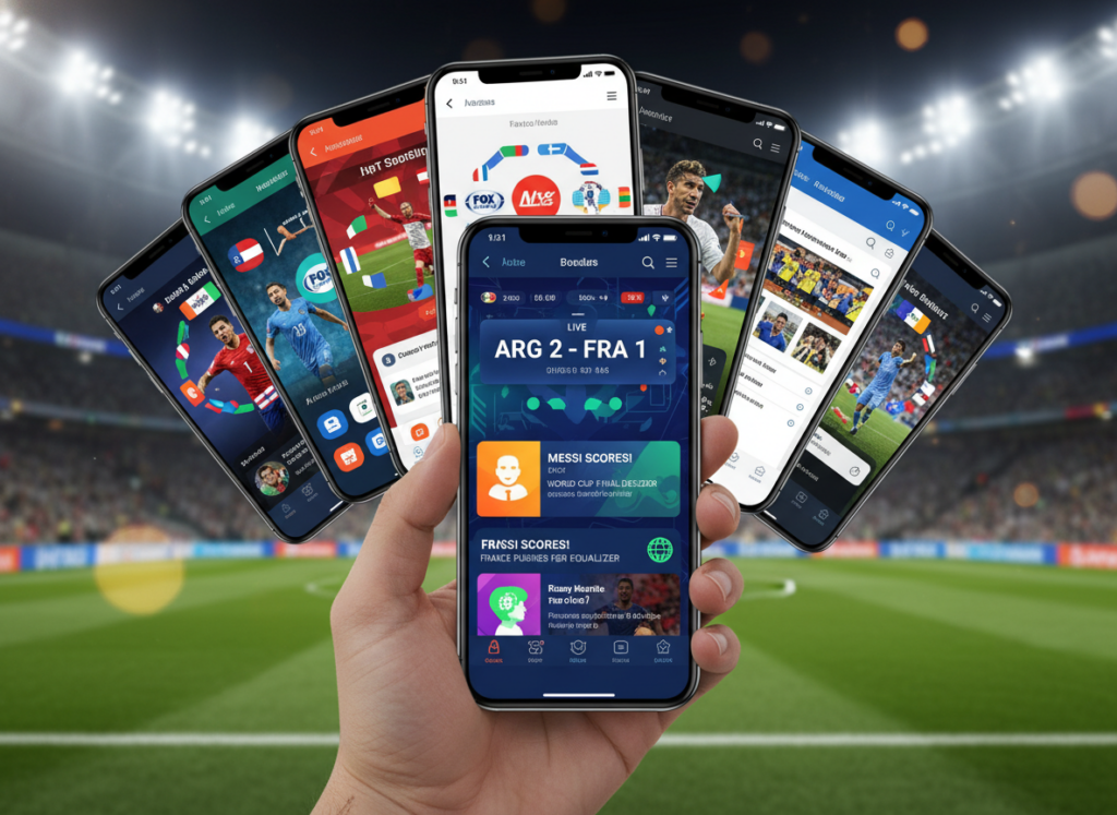 A collage of smartphone screens showcasing various sports apps designed for real-time updates and news on the World Cup. In the foreground, a hand holds a phone displaying a vibrant sports interface with live scores and news headlines. In the middle, additional smartphones with colorful app icons and notifications are arranged in an inviting manner, showing diverse sports visuals. The background features a blurred soccer field, illuminated under bright stadium lights, creating an energetic atmosphere. The composition is dynamic, capturing the thrill of following the game. Use a bright color palette to convey excitement, with a slight bokeh effect to focus on the apps. The image should feel modern and engaging, appealing to sports fans. A collage of smartphone screens showcasing various sports apps designed for real-time updates and news on the World Cup. In the foreground, a hand holds a phone displaying a vibrant sports interface with live scores and news headlines. In the middle, additional smartphones with colorful app icons and notifications are arranged in an inviting manner, showing diverse sports visuals. The background features a blurred soccer field, illuminated under bright stadium lights, creating an energetic atmosphere. The composition is dynamic, capturing the thrill of following the game. Use a bright color palette to convey excitement, with a slight bokeh effect to focus on the apps. The image should feel modern and engaging, appealing to sports fans.
