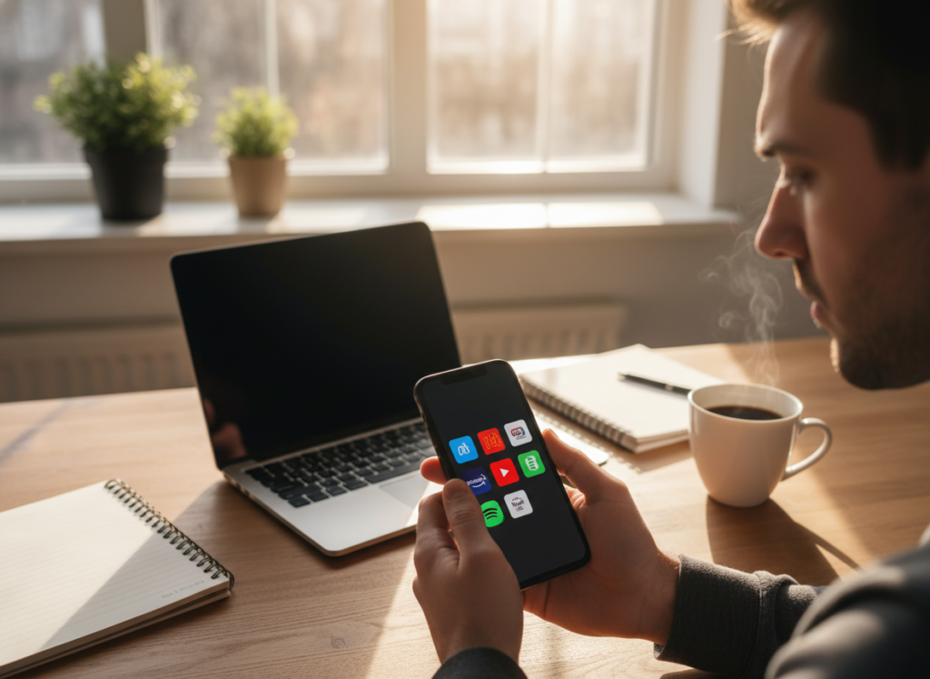 A cozy and modern workspace with a person focused on a smartphone, showcasing app icons for streaming services. In the foreground, a hand is gently holding the smartphone, clearly displaying various popular app logos. In the middle of the image, a wooden desk with a laptop, some notebooks, and a cup of coffee, creating a productive atmosphere. The background features a bright window with light pouring in, bringing a sense of warmth and clarity to the space. The lighting should be soft and inviting, emphasizing the person’s concentrated expression as they navigate through the apps. Capture this scene with a slight tilt angle for a dynamic perspective, embodying a mood of engagement and discovery in using mobile technology effectively. A cozy and modern workspace with a person focused on a smartphone, showcasing app icons for streaming services. In the foreground, a hand is gently holding the smartphone, clearly displaying various popular app logos. In the middle of the image, a wooden desk with a laptop, some notebooks, and a cup of coffee, creating a productive atmosphere. The background features a bright window with light pouring in, bringing a sense of warmth and clarity to the space. The lighting should be soft and inviting, emphasizing the person’s concentrated expression as they navigate through the apps. Capture this scene with a slight tilt angle for a dynamic perspective, embodying a mood of engagement and discovery in using mobile technology effectively.