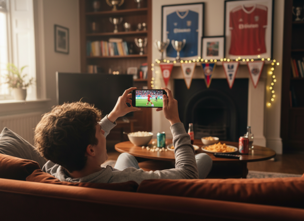 A cozy living room scene showcasing a young adult comfortably watching a football match on a smartphone. In the foreground, the person sits relaxed on a stylish couch, holding the phone at eye level, with a look of excitement on their face. The middle ground features a small coffee table with snacks and a remote control, emphasizing a casual viewing setup. In the background, a softly lit room with warm tones creates an inviting atmosphere, with framed football memorabilia on the walls. A large window allows natural light to filter in, enhancing the cozy vibe. The focus is sharp on the viewer and the smartphone, with a slight blur on the background for depth. The overall mood is enthusiastic and engaging, celebrating the joy of watching football on mobile devices. A cozy living room scene showcasing a young adult comfortably watching a football match on a smartphone. In the foreground, the person sits relaxed on a stylish couch, holding the phone at eye level, with a look of excitement on their face. The middle ground features a small coffee table with snacks and a remote control, emphasizing a casual viewing setup. In the background, a softly lit room with warm tones creates an inviting atmosphere, with framed football memorabilia on the walls. A large window allows natural light to filter in, enhancing the cozy vibe. The focus is sharp on the viewer and the smartphone, with a slight blur on the background for depth. The overall mood is enthusiastic and engaging, celebrating the joy of watching football on mobile devices.